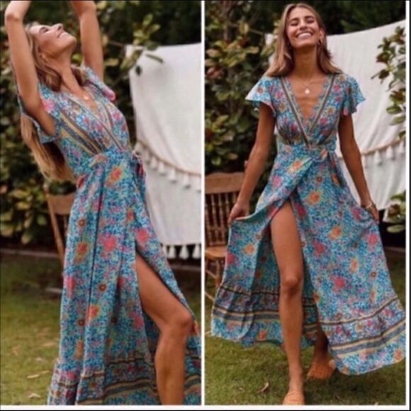 Bohemian Tribal Print Maxi Dress Light Blue - Picture 1 of 5